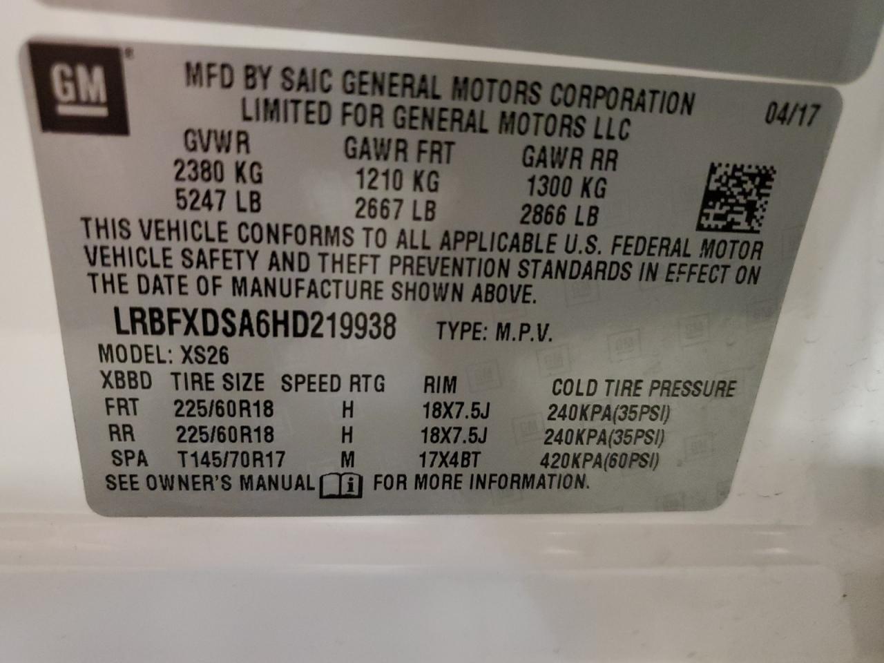 LRBFXDSA6HD219938 2017 Buick Envision Essence