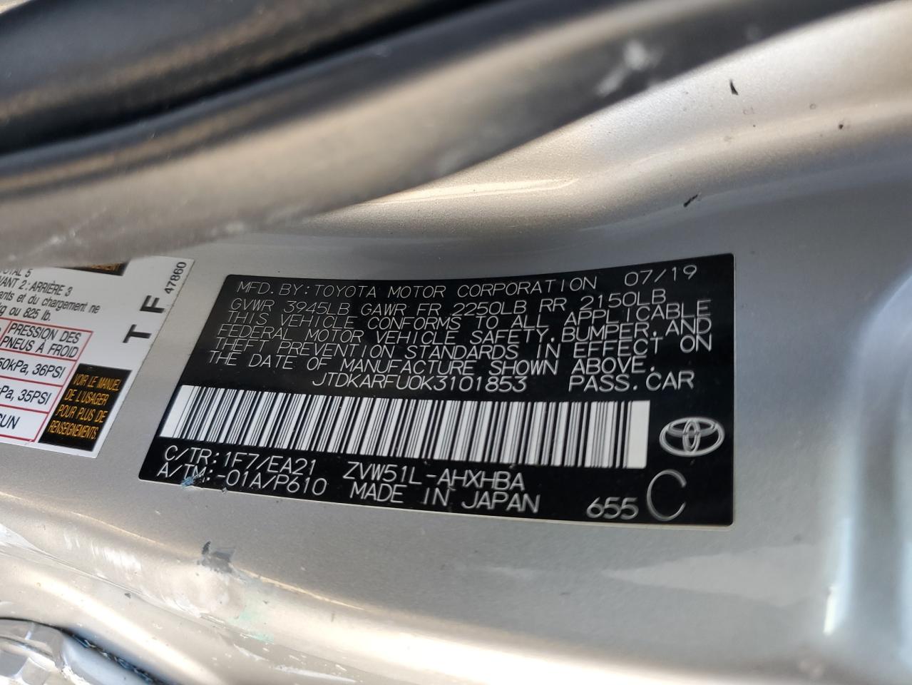 JTDKARFU0K3101853 2019 Toyota Prius