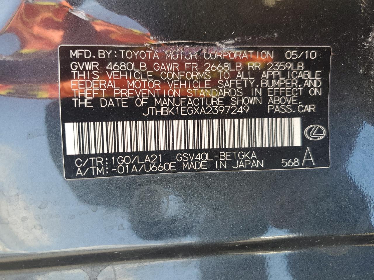 JTHBK1EGXA2397249 2010 Lexus Es 350