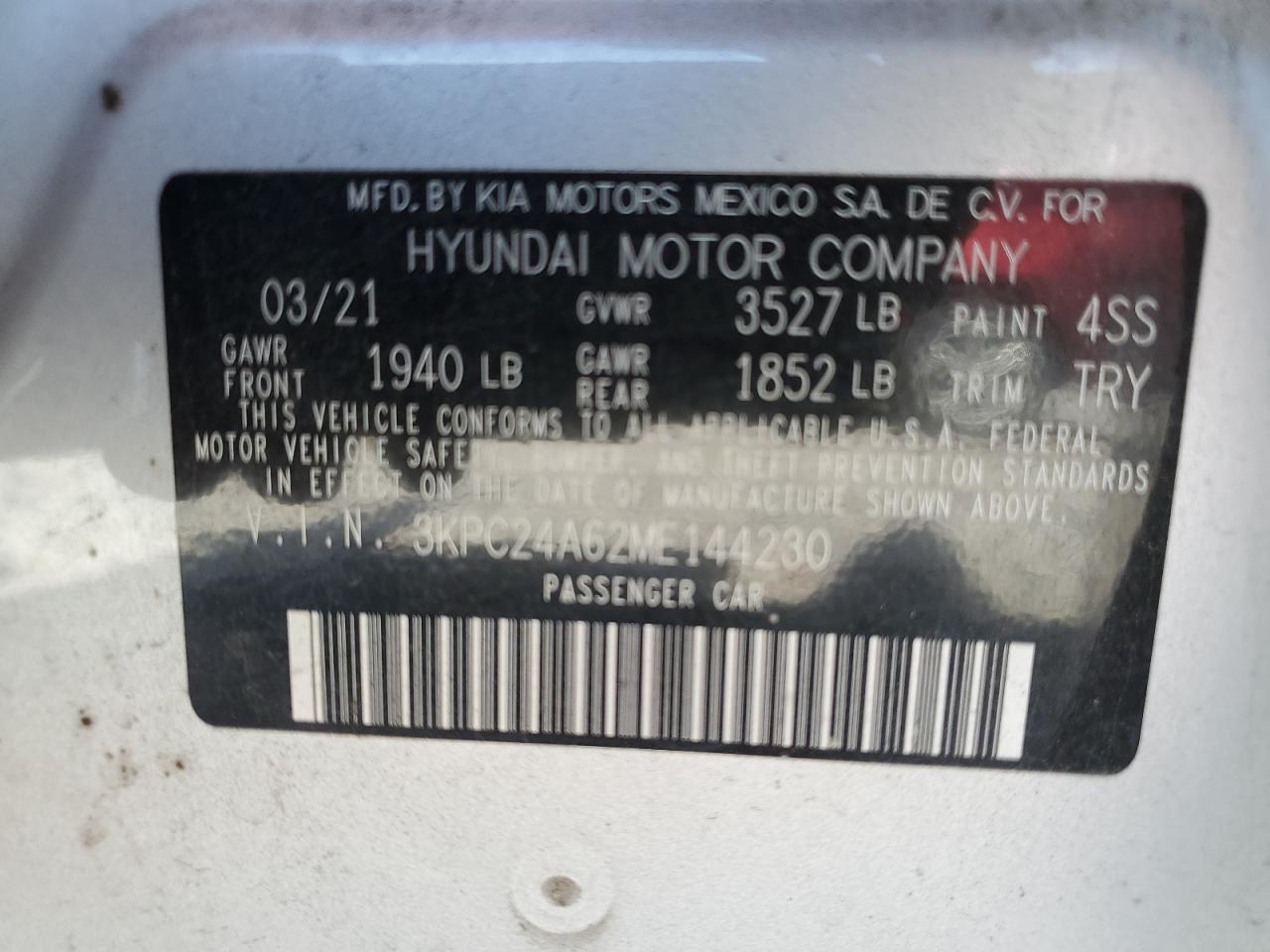 3KPC24A62ME144230 2021 Hyundai Accent Se