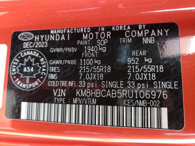 2024 Hyundai Kona Sel VIN: KM8HBCAB5RU106976 Lot: 58255584