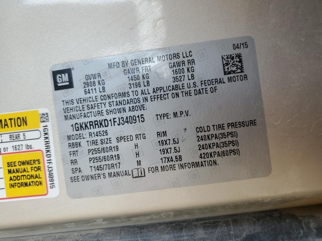 1GKKRRKD1FJ340915 2015 GMC Acadia Slt-1