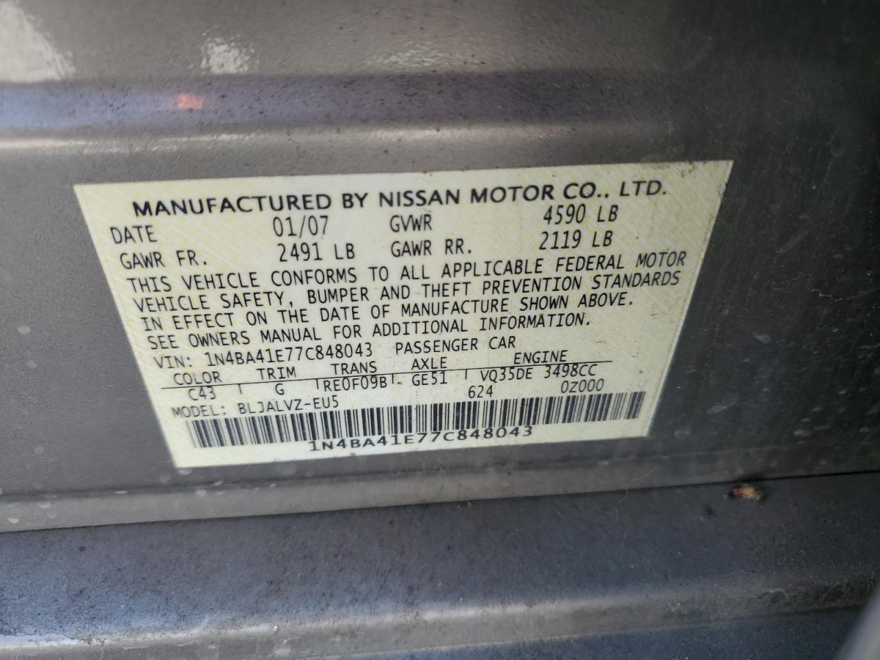 1N4BA41E77C848043 2007 Nissan Maxima Se