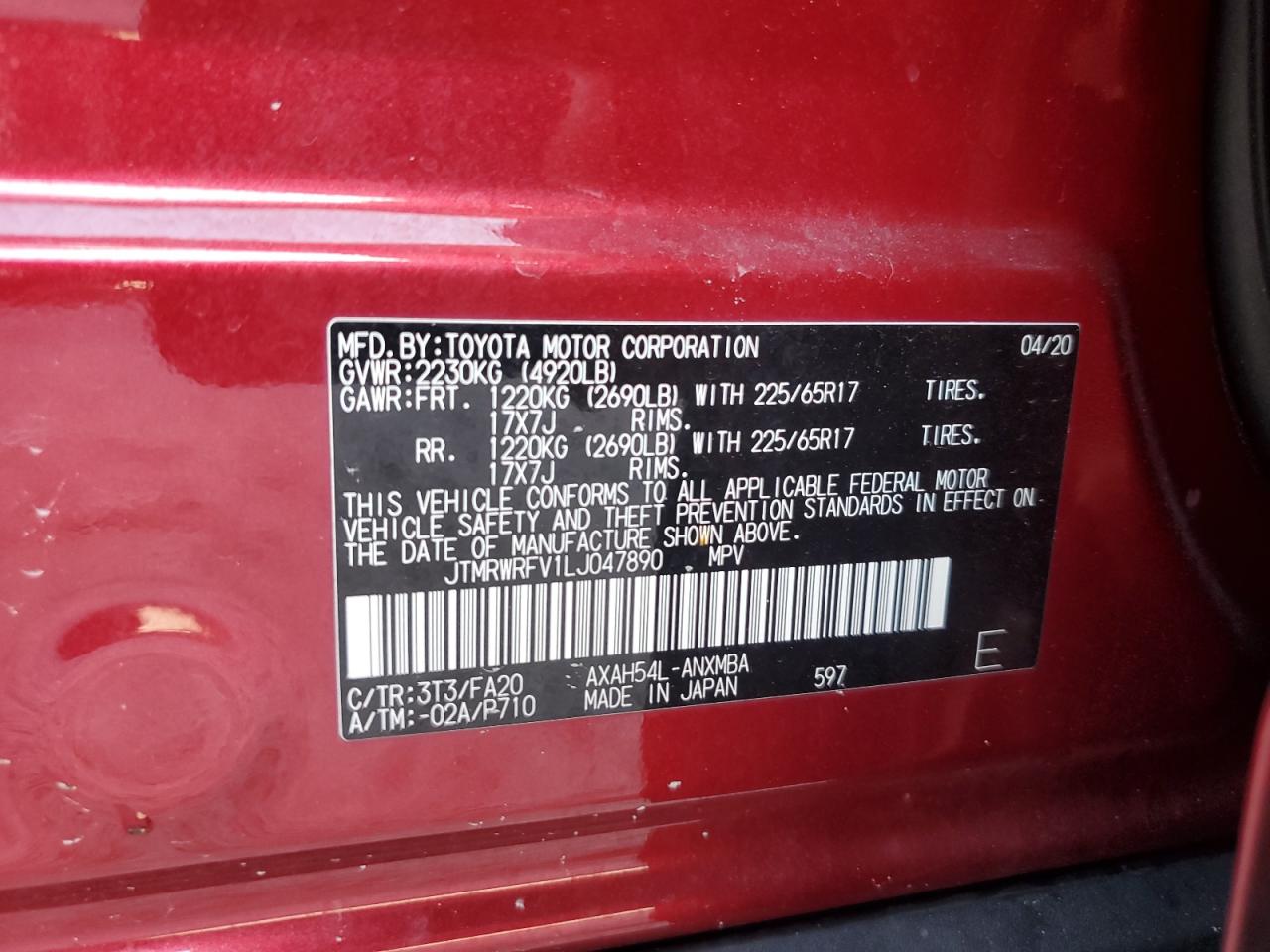 JTMRWRFV1LJ047890 2020 Toyota Rav4 Xle