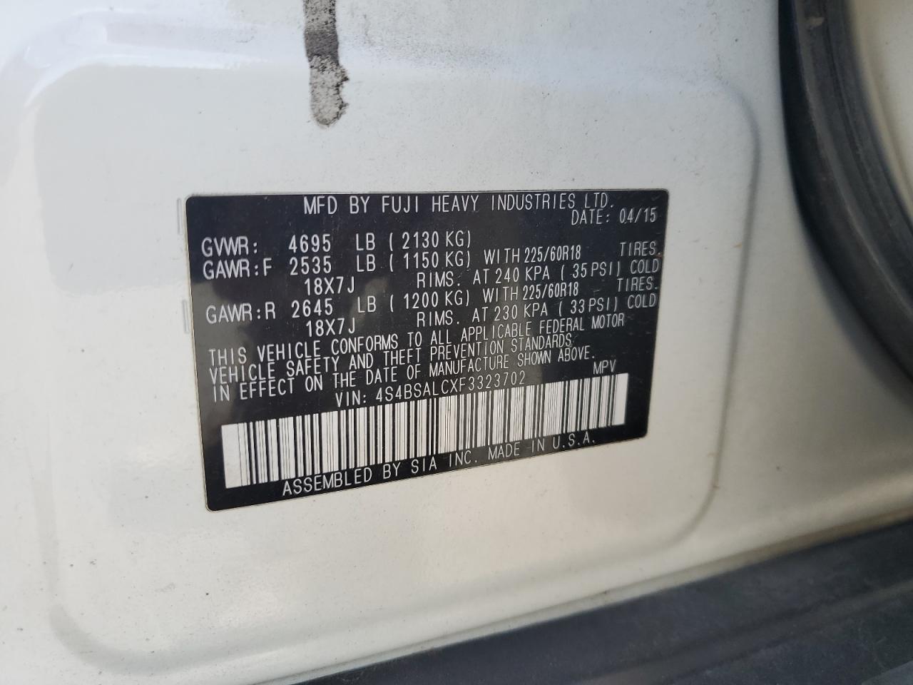 4S4BSALCXF3323702 2015 Subaru Outback 2.5I Limited