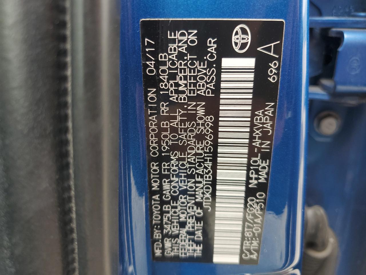 JTDKDTB34H1596998 2017 Toyota Prius C