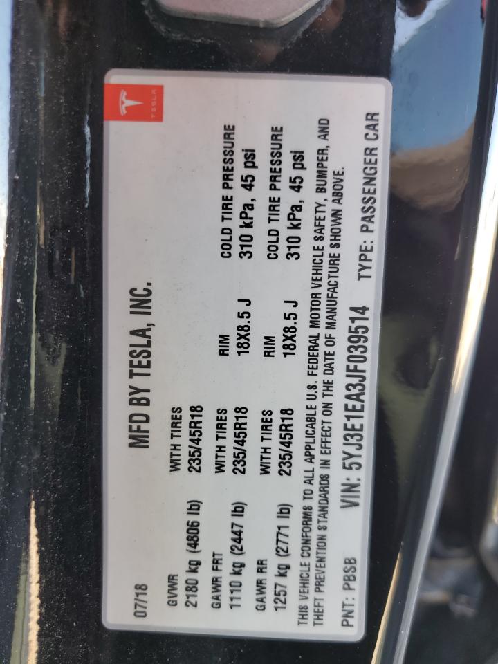 5YJ3E1EA3JF039514 2018 Tesla Model 3