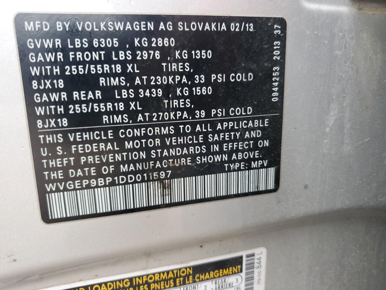 WVGEP9BP1DD011597 2013 Volkswagen Touareg V6 Tdi