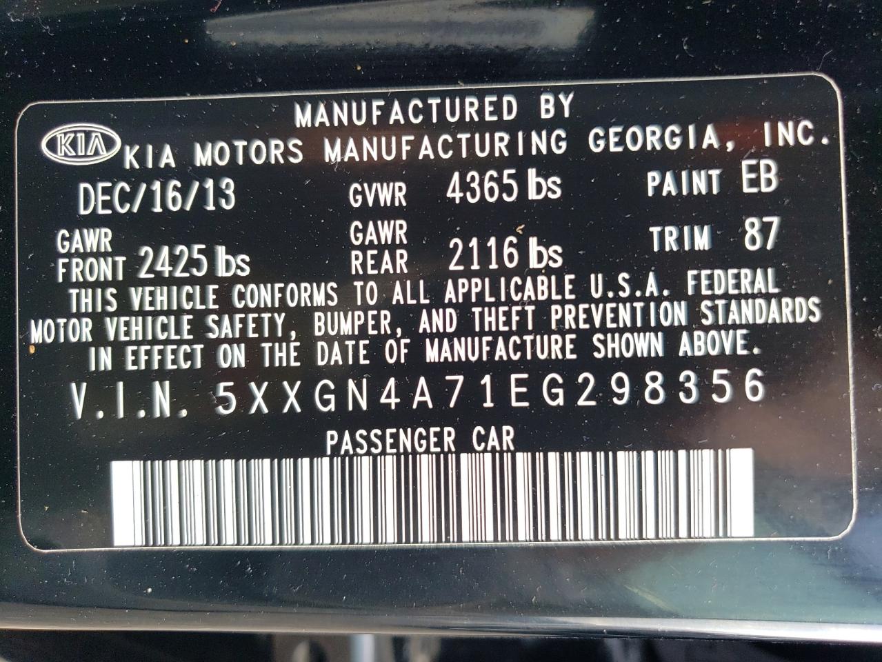 5XXGN4A71EG298356 2014 Kia Optima Ex