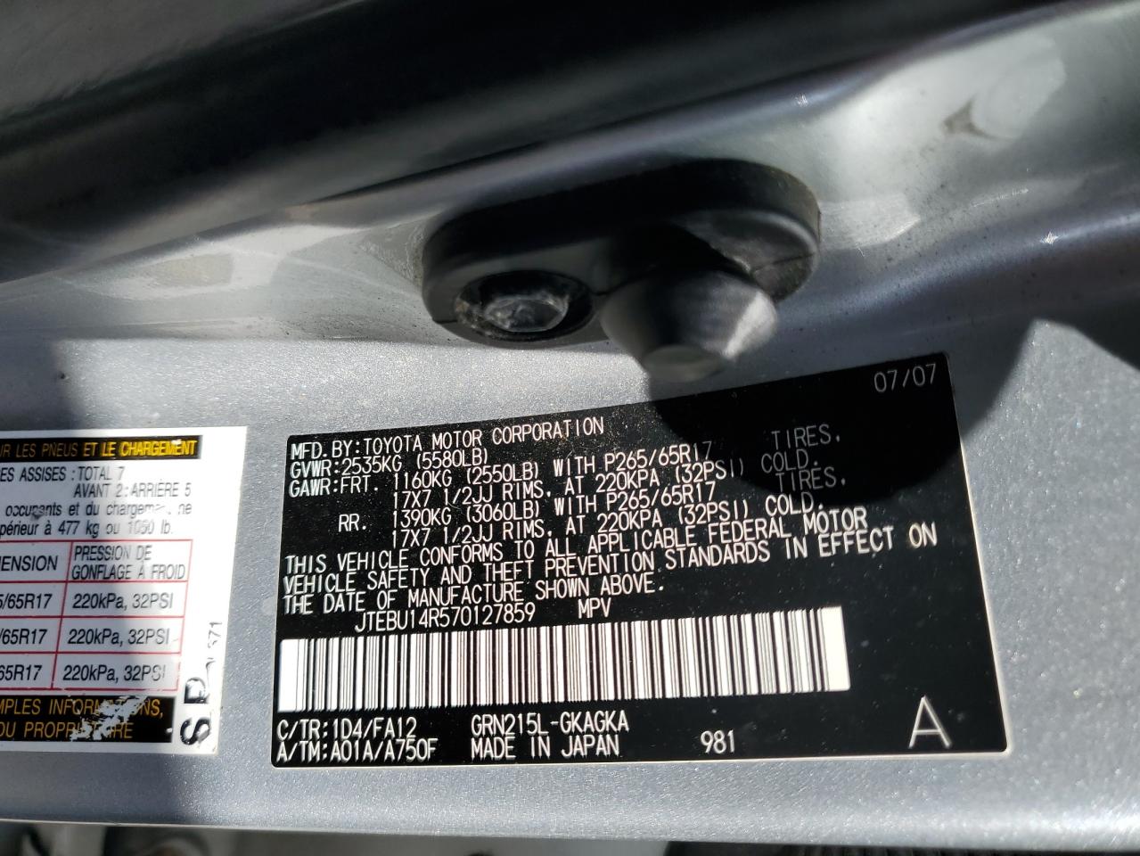 JTEBU14R570127859 2007 Toyota 4Runner Sr5