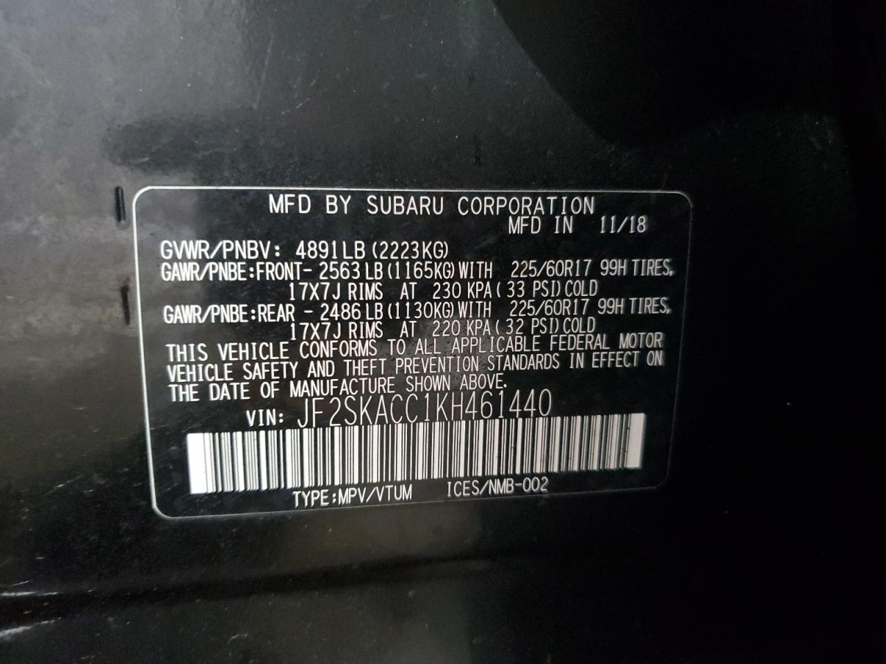 JF2SKACC1KH461440 2019 Subaru Forester