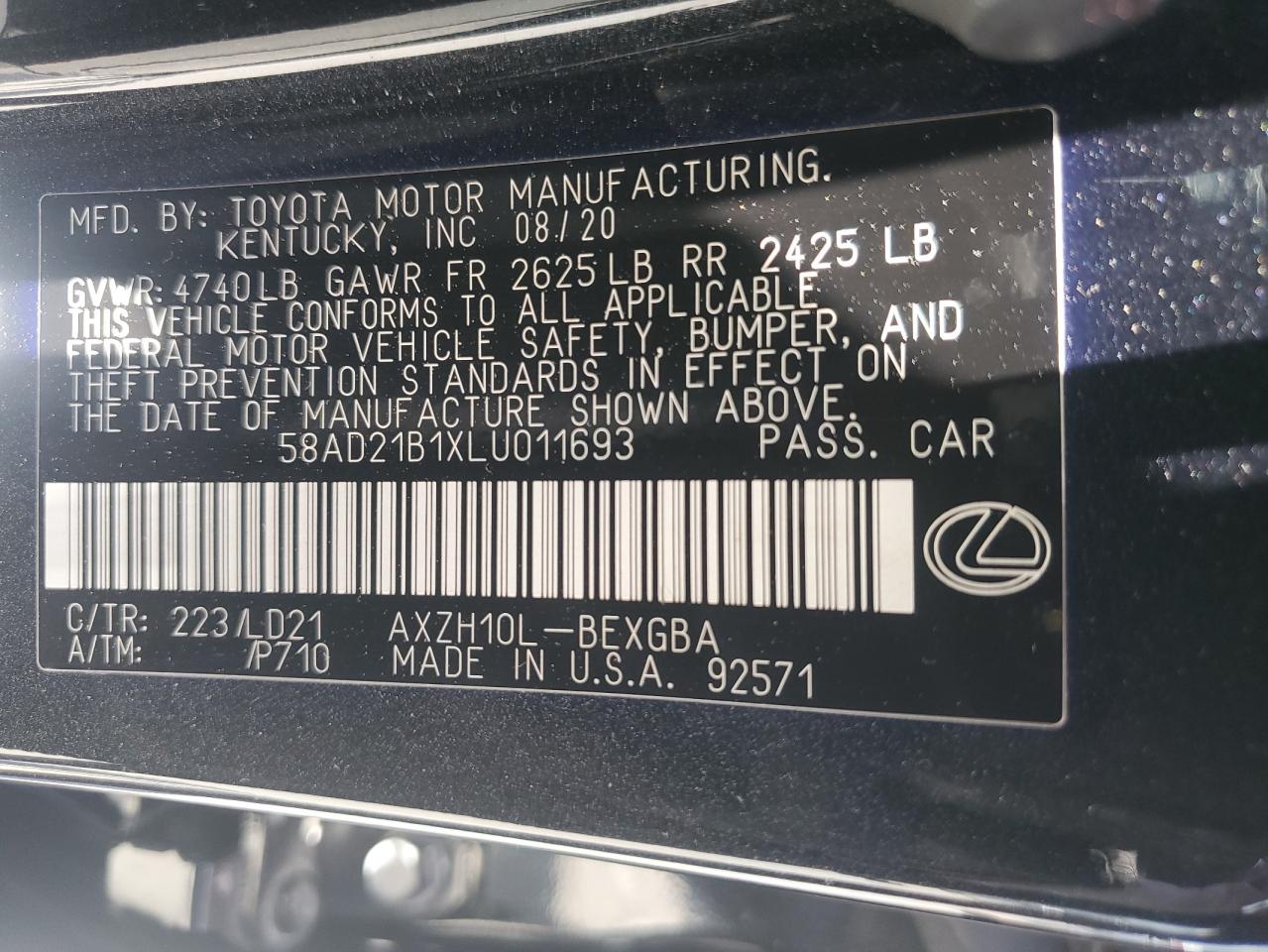 58AD21B1XLU011693 2020 Lexus Es 300H