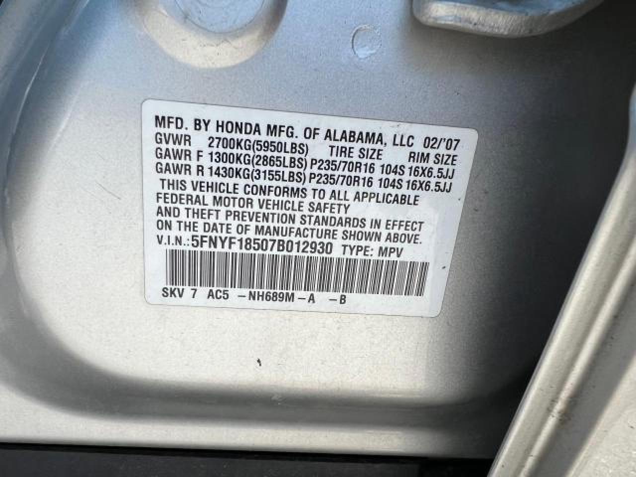 5FNYF18507B012930 2007 Honda Pilot Exl