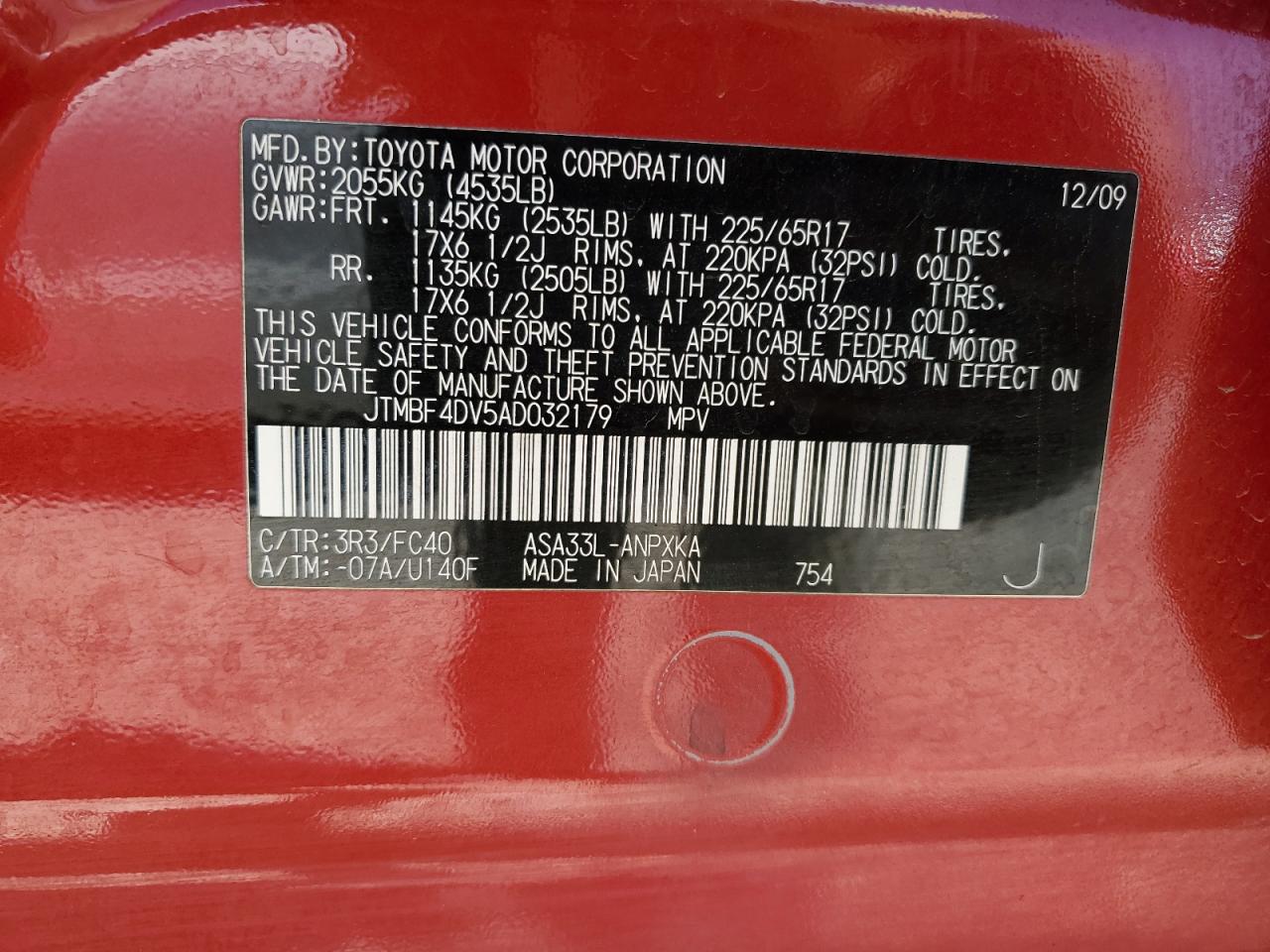 JTMBF4DV5AD032179 2010 Toyota Rav4