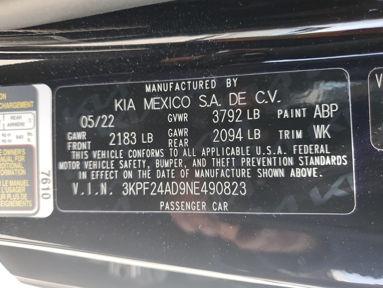 2022 Kia Forte Fe vin: 3KPF24AD9NE490823