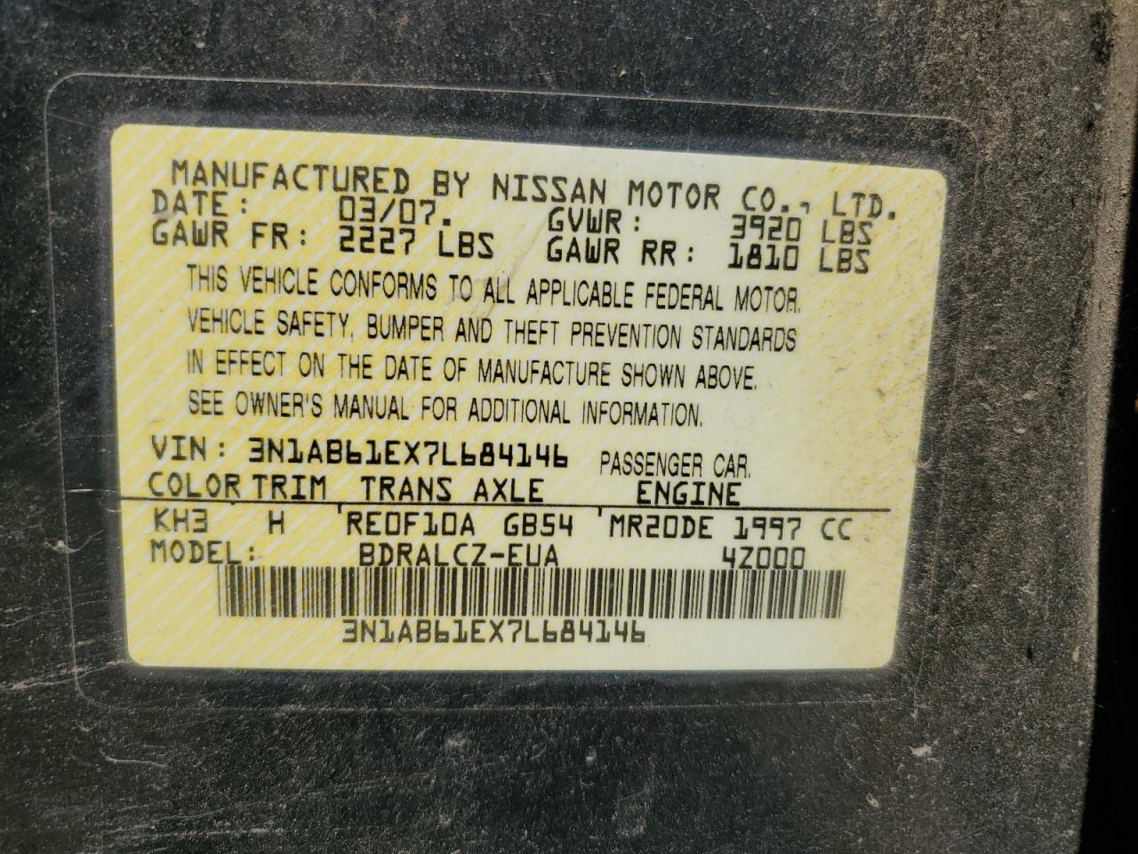 3N1AB61EX7L684146 2007 Nissan Sentra 2.0