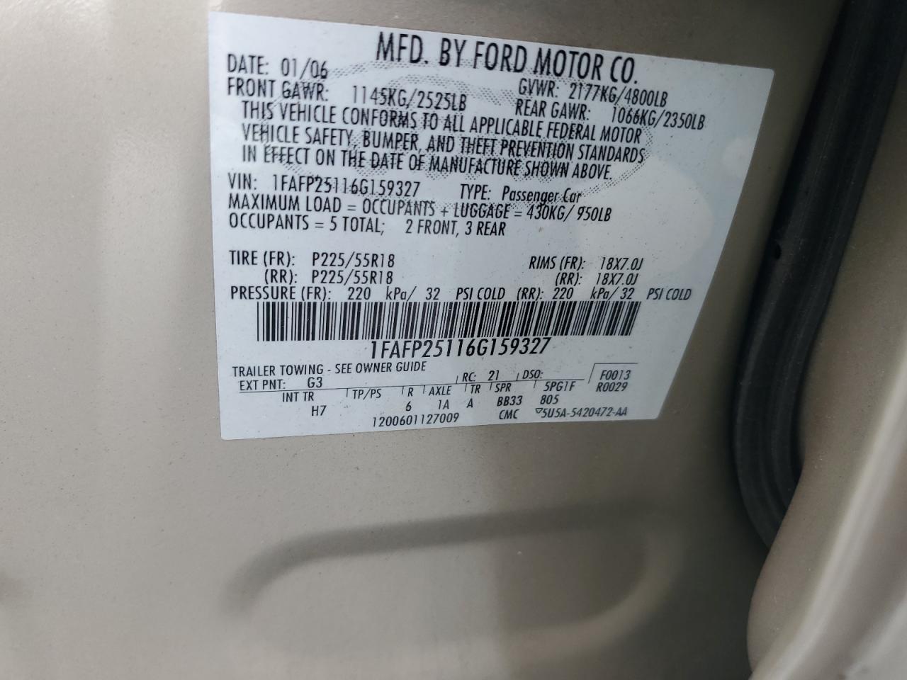 1FAFP25116G159327 2006 Ford Five Hundred Limited