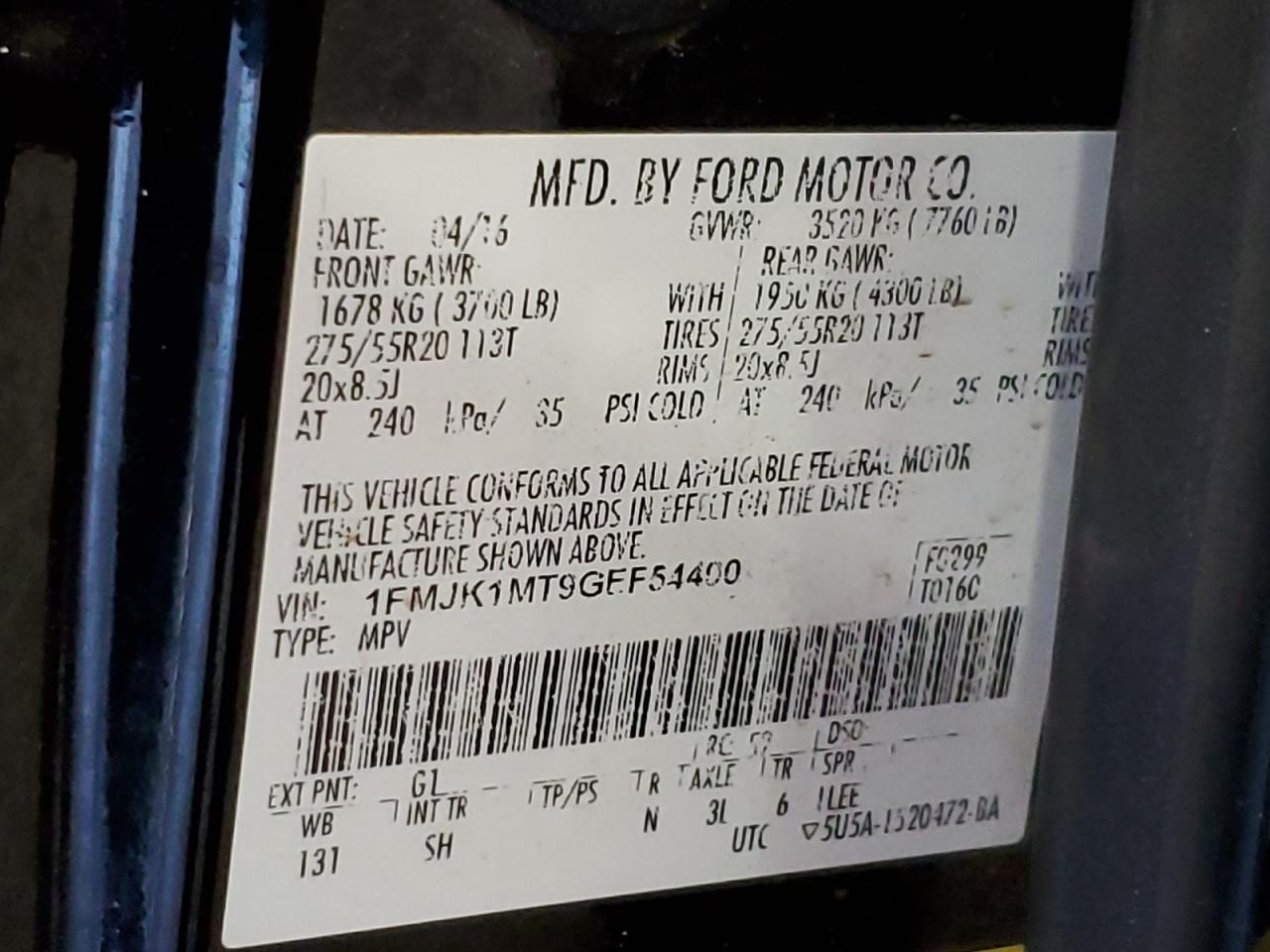 1FMJK1MT9GEF54400 2016 Ford Expedition El Platinum