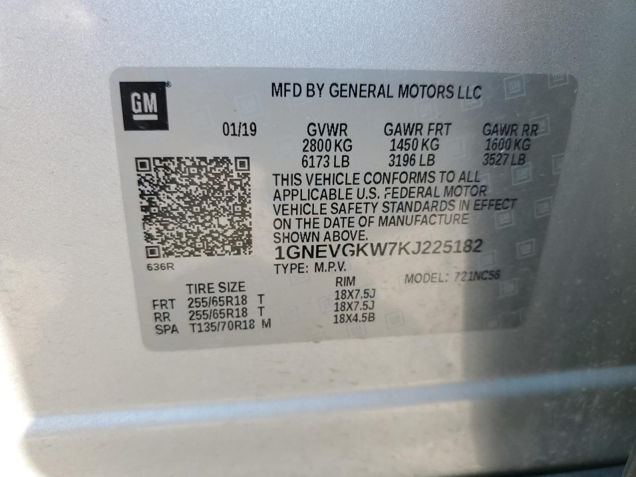 1GNEVGKW7KJ225182 2019 Chevrolet Traverse Lt