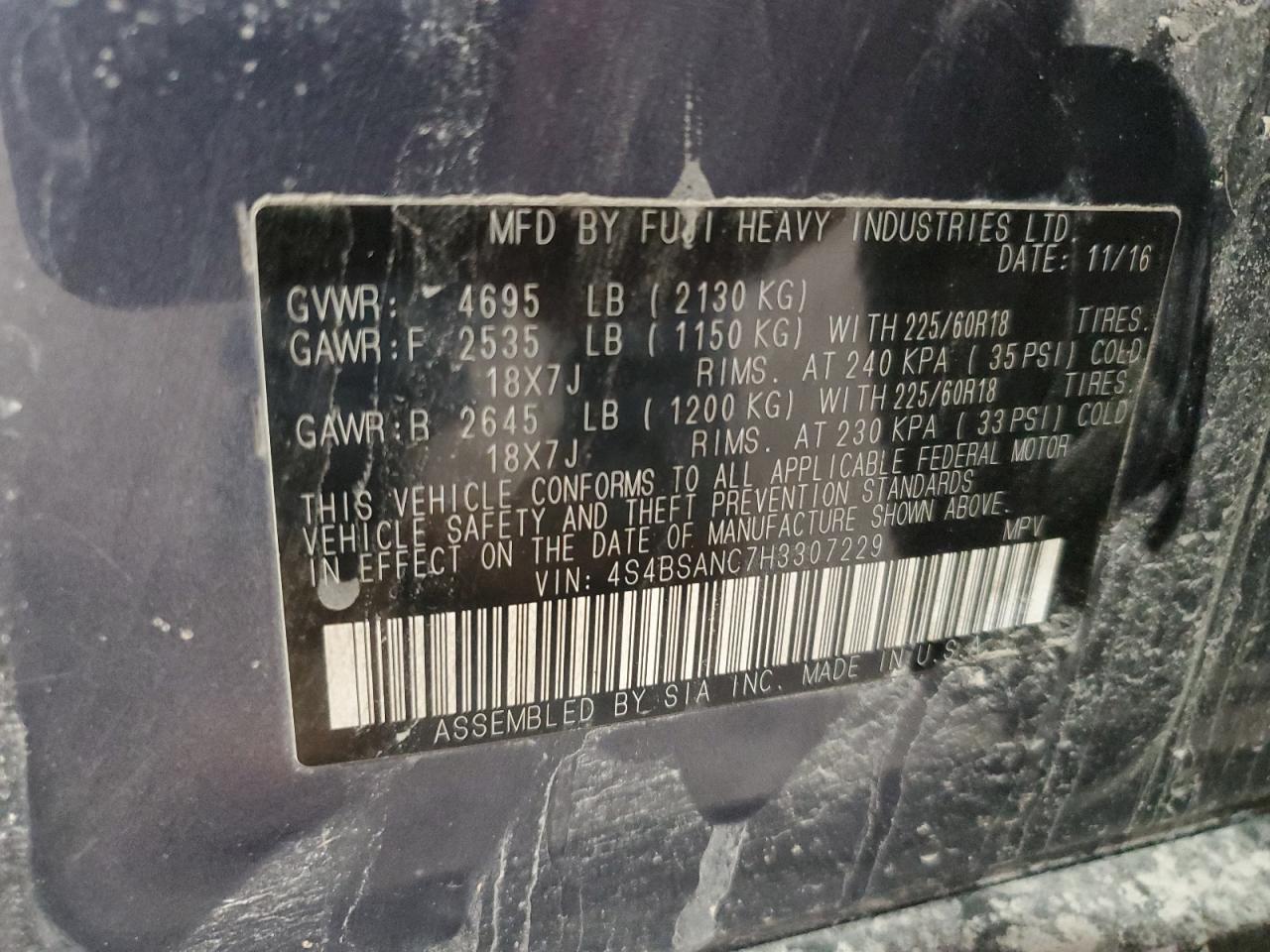 4S4BSANC7H3307229 2017 Subaru Outback 2.5I Limited