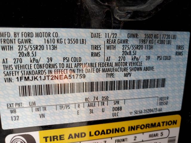 2022 Ford Expedition Max Xlt VIN: 1FMJK1JT2NEA51759 Lot: 57974634