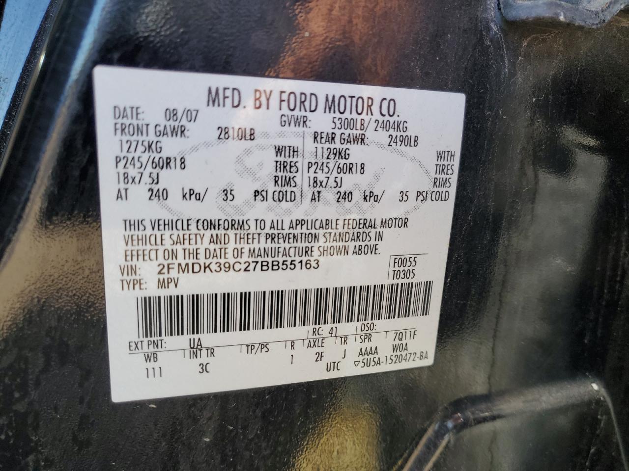 2FMDK39C27BB55163 2007 Ford Edge Sel Plus