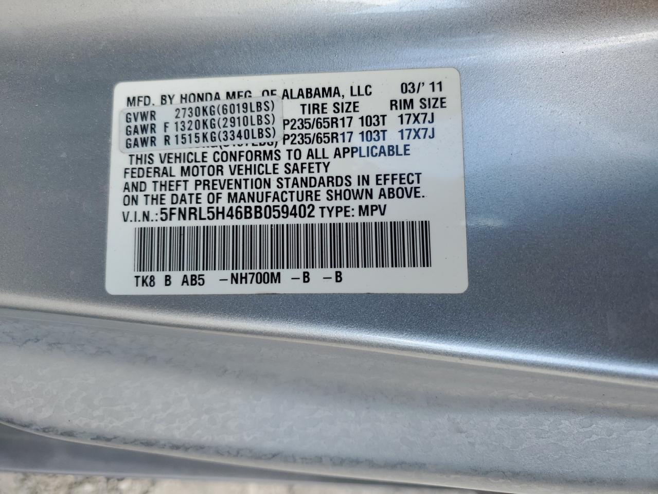 5FNRL5H46BB059402 2011 Honda Odyssey Ex