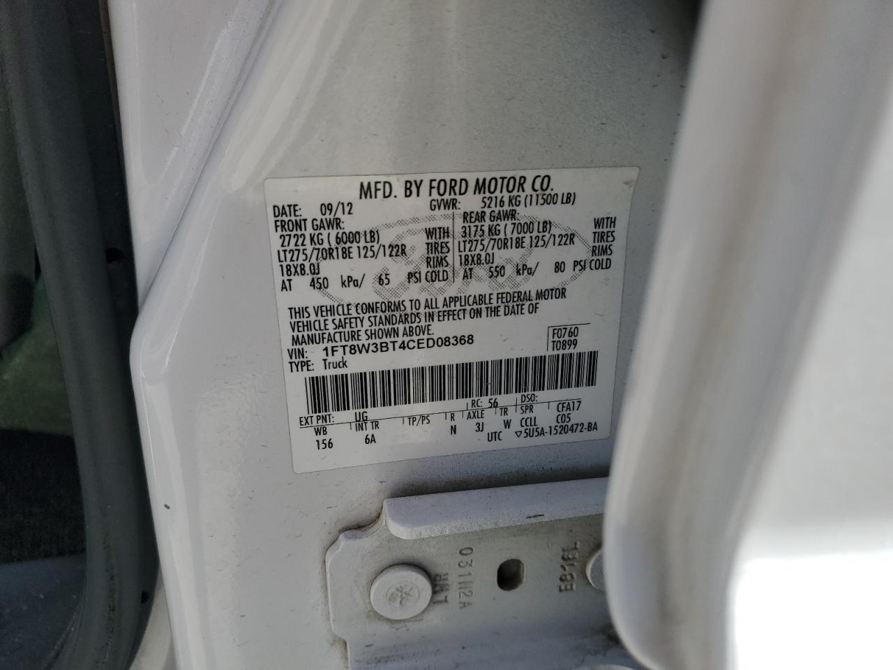 1FT8W3BT4CED08368 2012 Ford F350 Super Duty