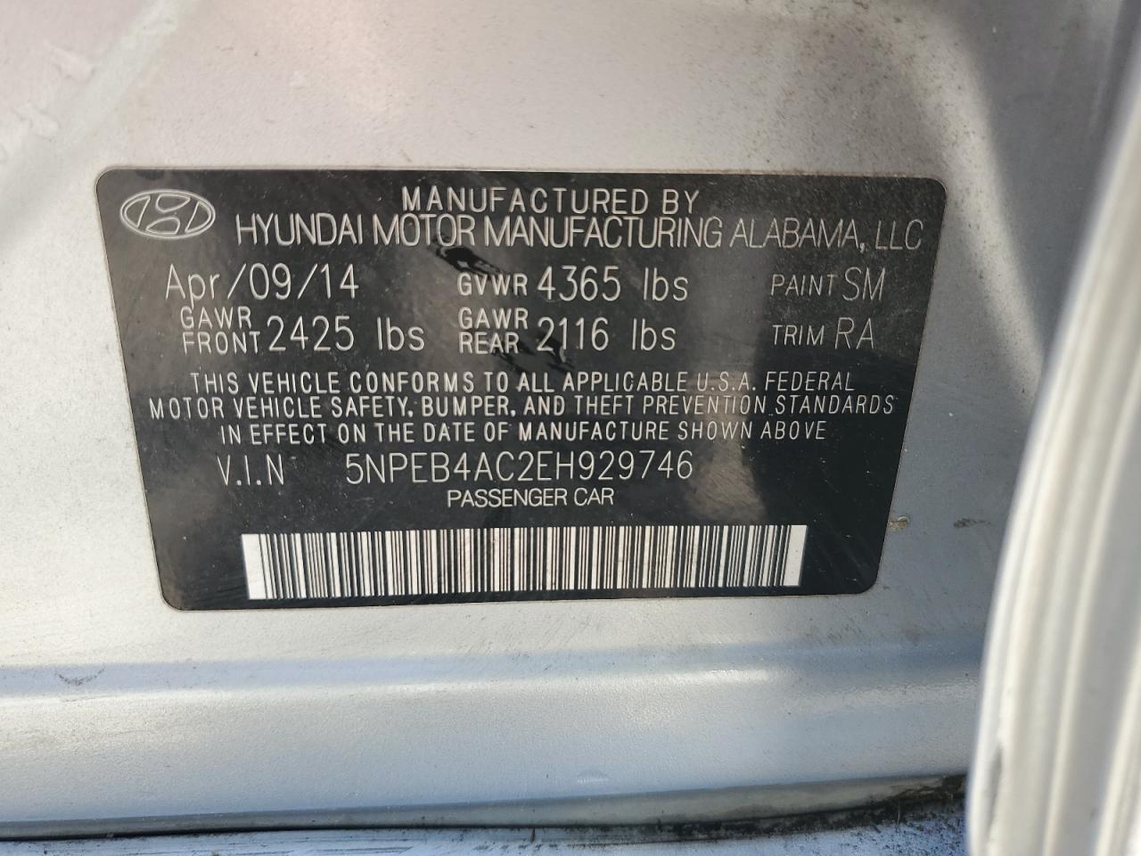 5NPEB4AC2EH929746 2014 Hyundai Sonata Gls