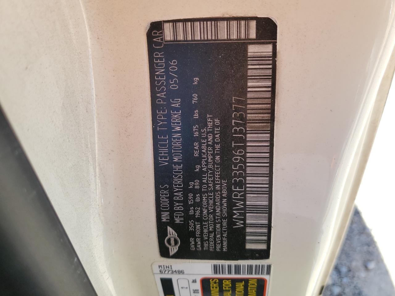WMWRE33596TJ37377 2006 Mini Cooper S