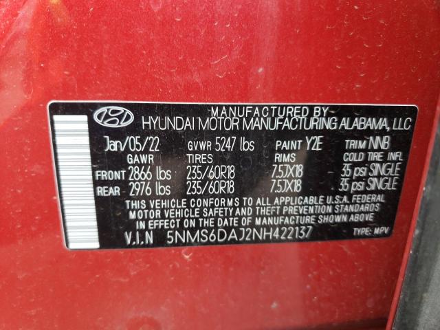 2022 Hyundai Santa Fe Sel VIN: 5NMS6DAJ2NH422137 Lot: 58543474