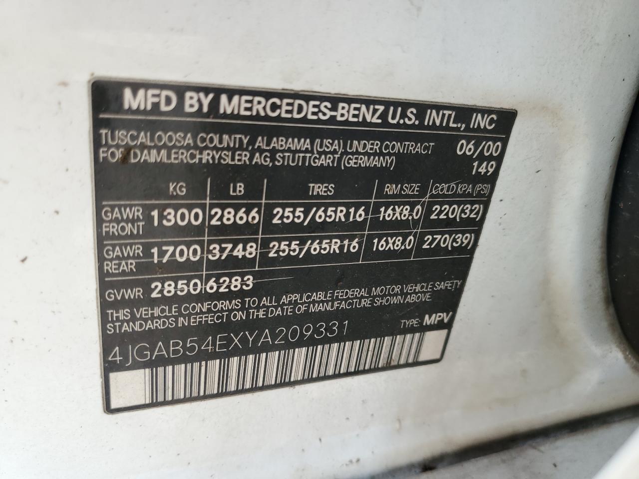 4JGAB54EXYA209331 2000 Mercedes-Benz Ml 320