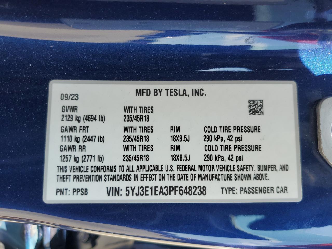 5YJ3E1EA3PF648238 2023 Tesla Model 3