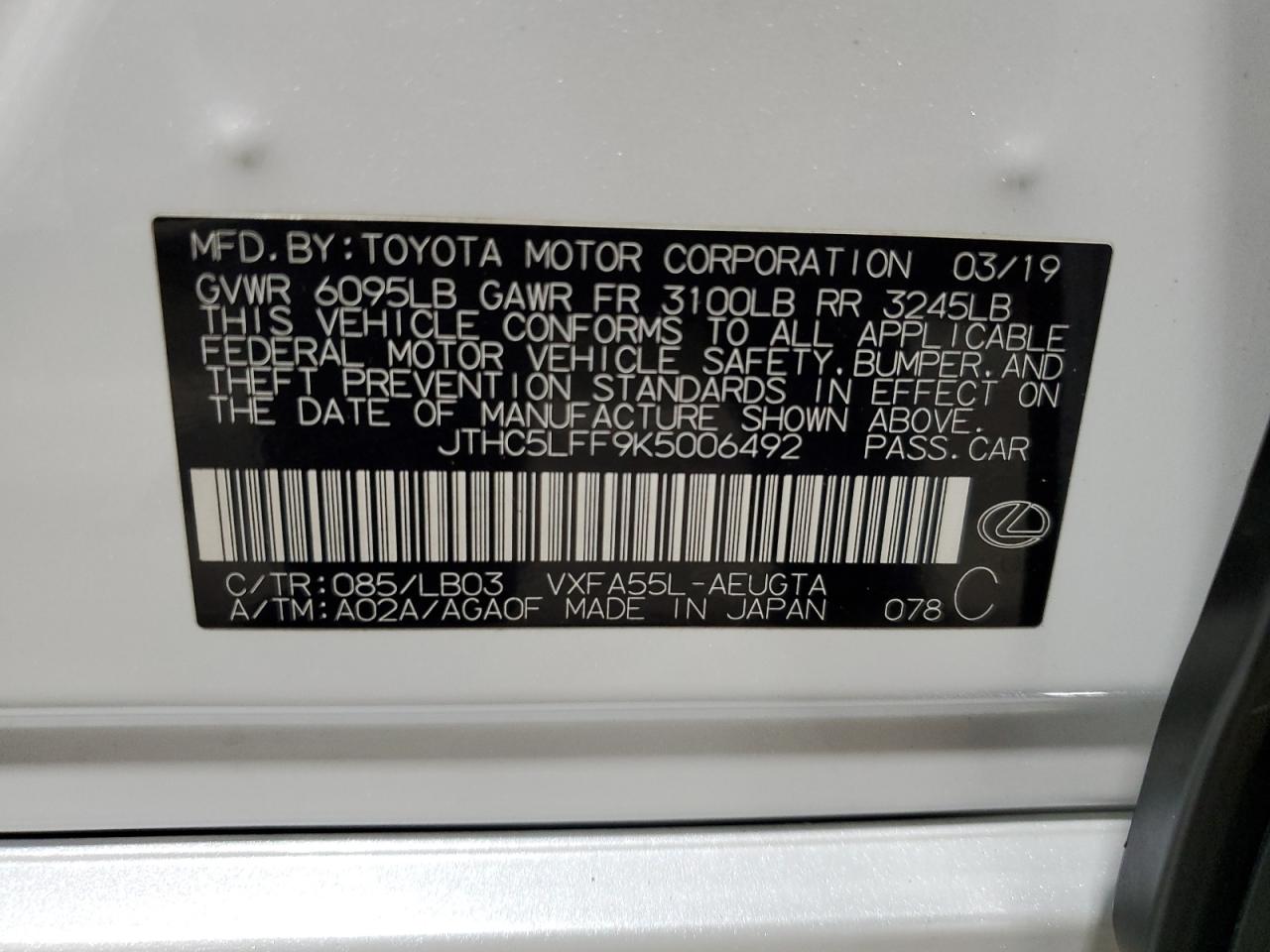 JTHC5LFF9K5006492 2019 Lexus Ls 500