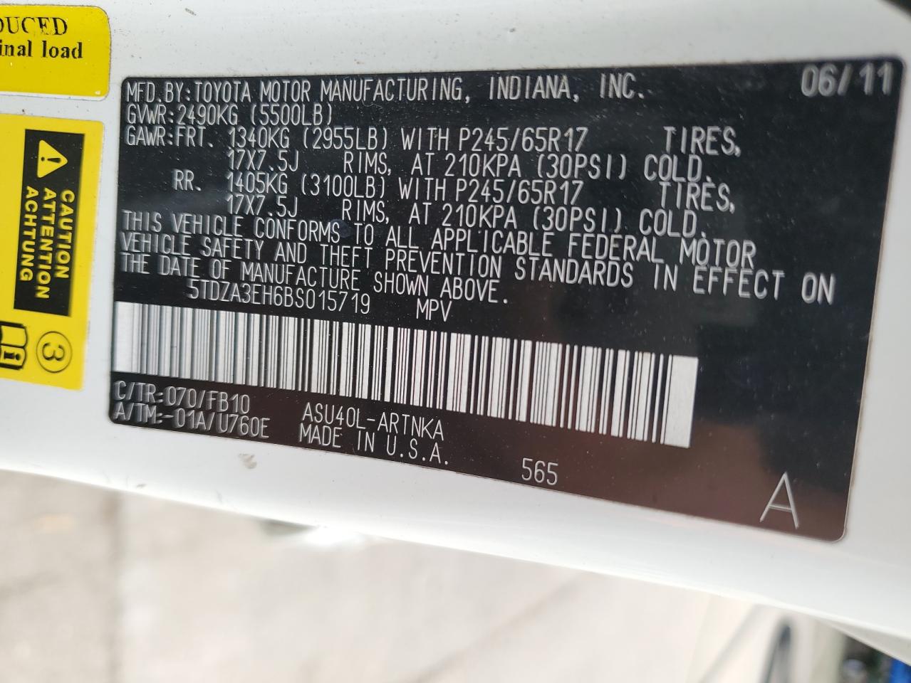 5TDZA3EH6BS015719 2011 Toyota Highlander Base