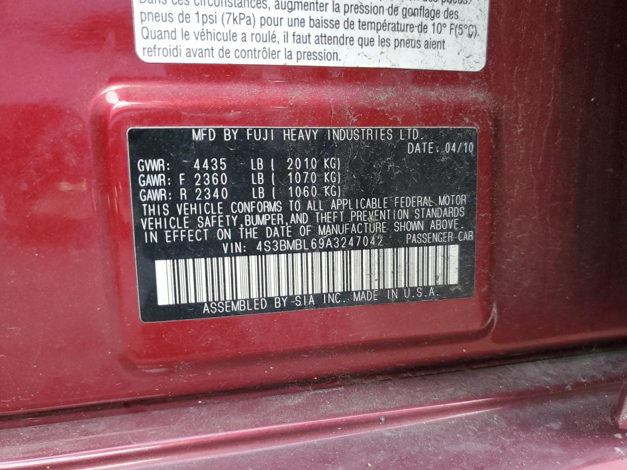 4S3BMBL69A3247042 2010 Subaru Legacy 2.5I Limited