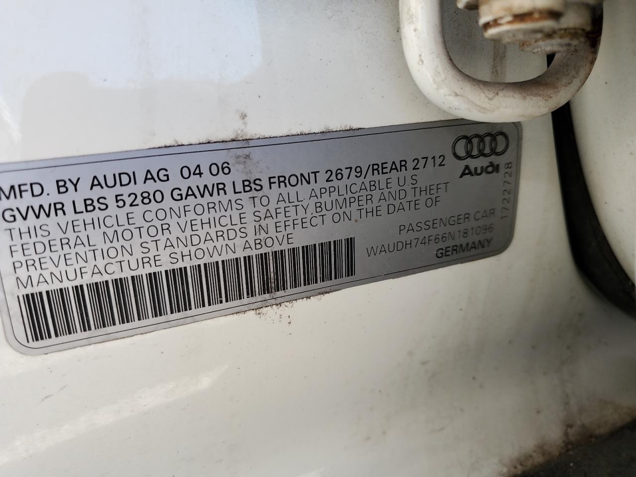 WAUDH74F66N181096 2006 Audi A6 3.2 Quattro