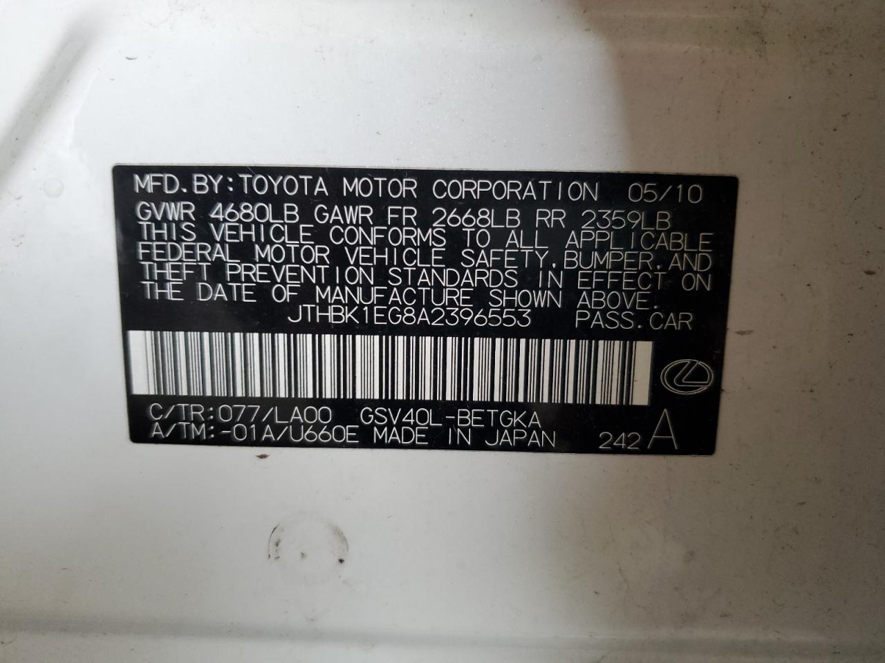 JTHBK1EG8A2396553 2010 Lexus Es 350