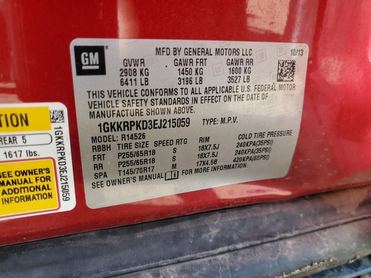 1GKKRPKD3EJ215059 2014 GMC Acadia Sle