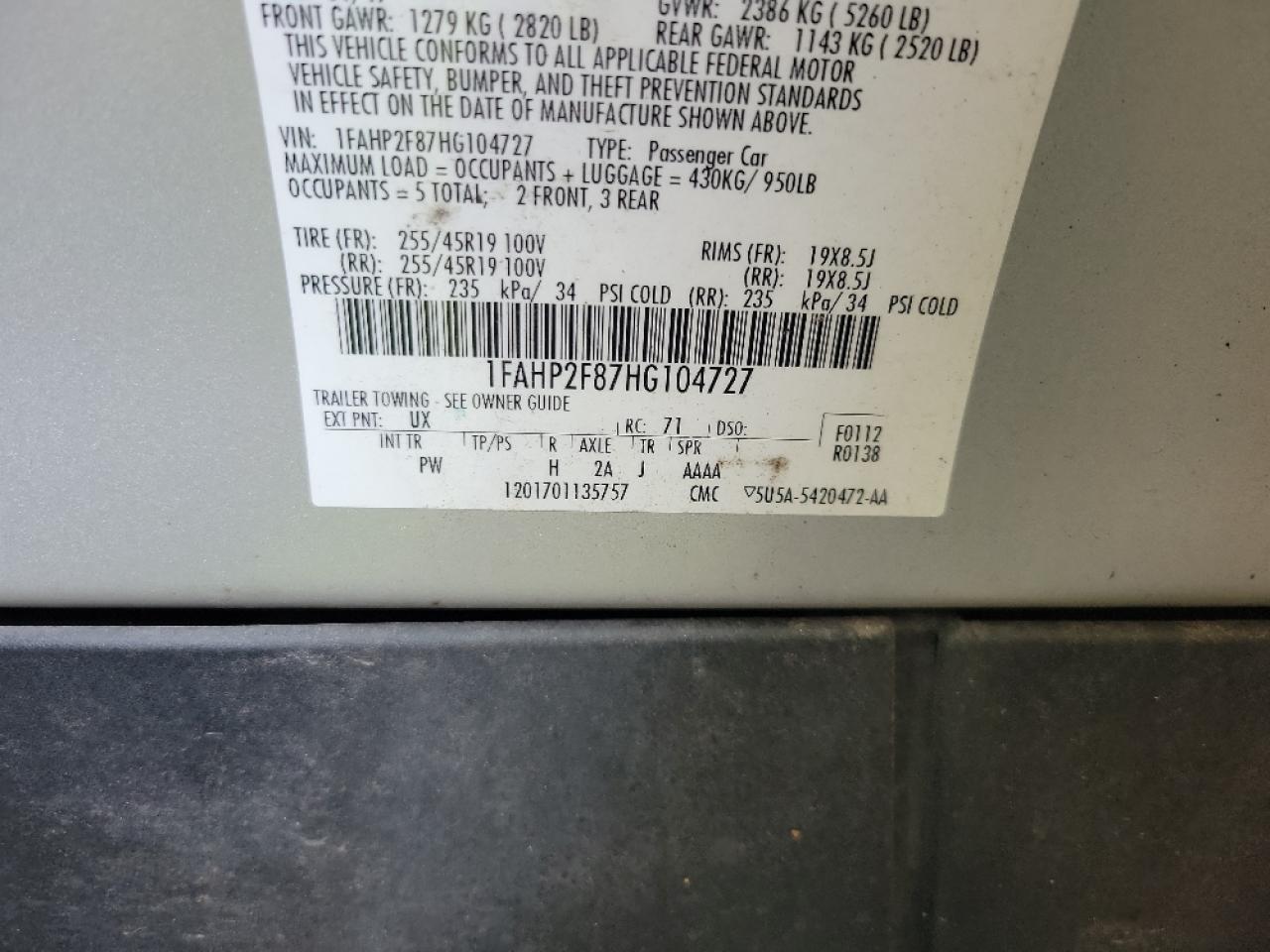 1FAHP2F87HG104727 2017 Ford Taurus Limited