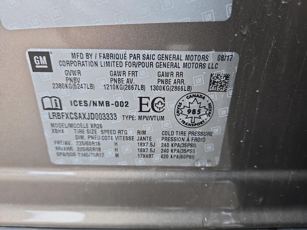 LRBFXCSAXJD003333 2018 Buick Envision Preferred