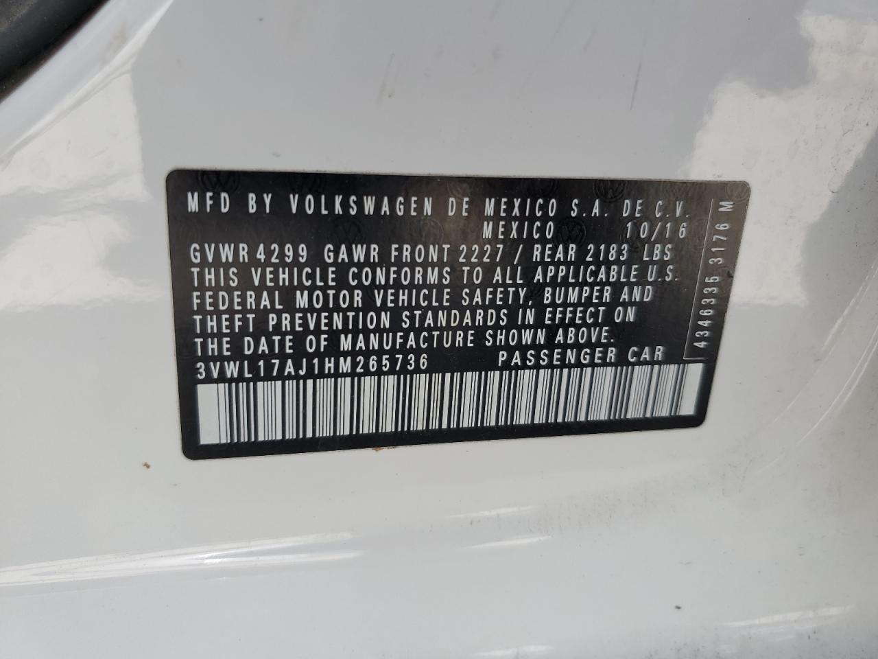 3VWL17AJ1HM265736 2017 Volkswagen Jetta Sel