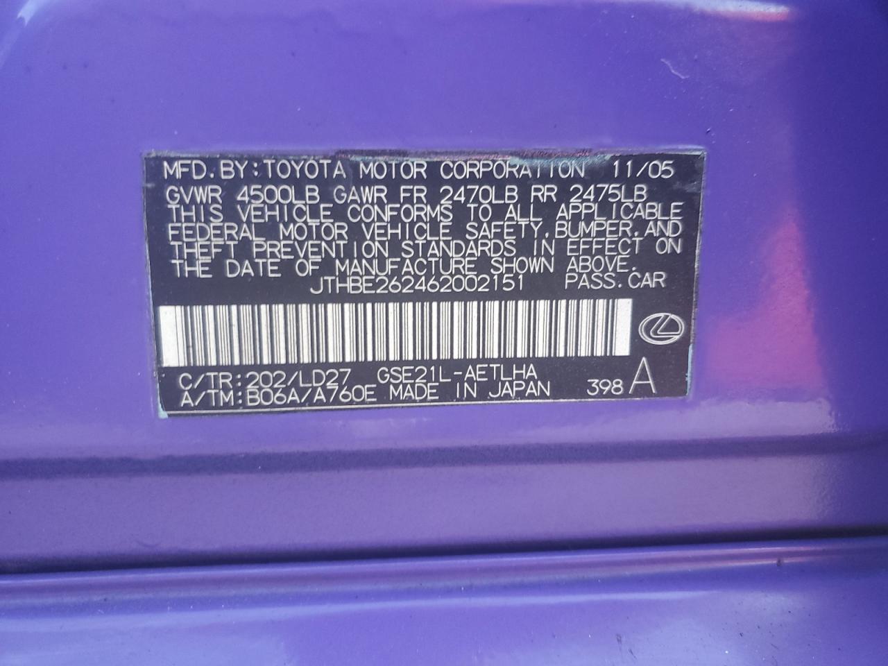 JTHBE262462002151 2006 Lexus Is 350