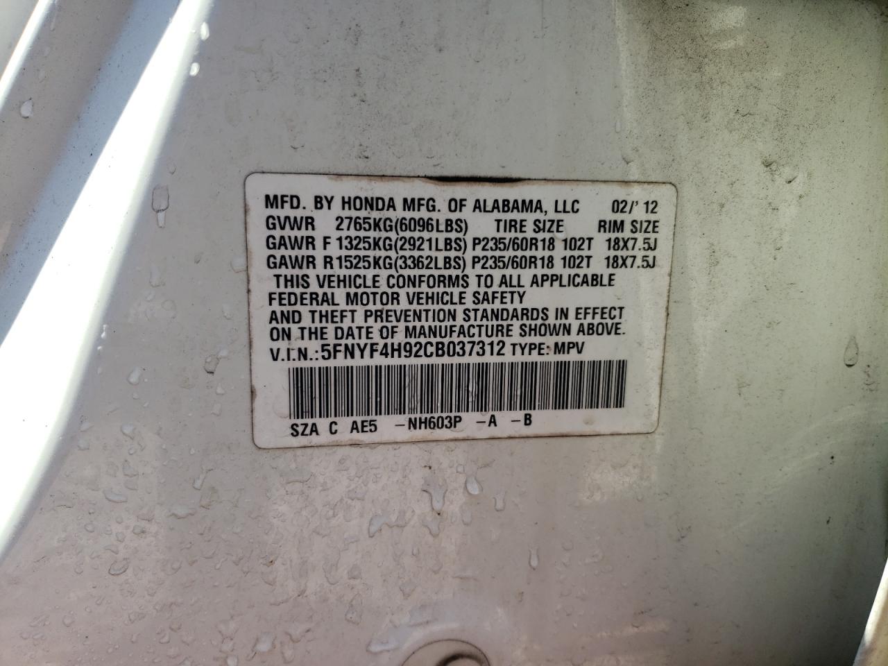 5FNYF4H92CB037312 2012 Honda Pilot Touring