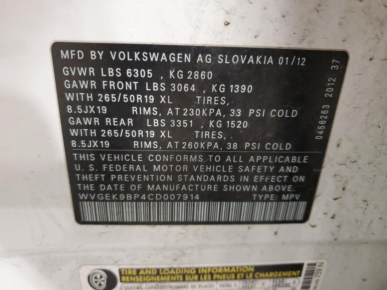 WVGEK9BP4CD007914 2012 Volkswagen Touareg V6 Tdi