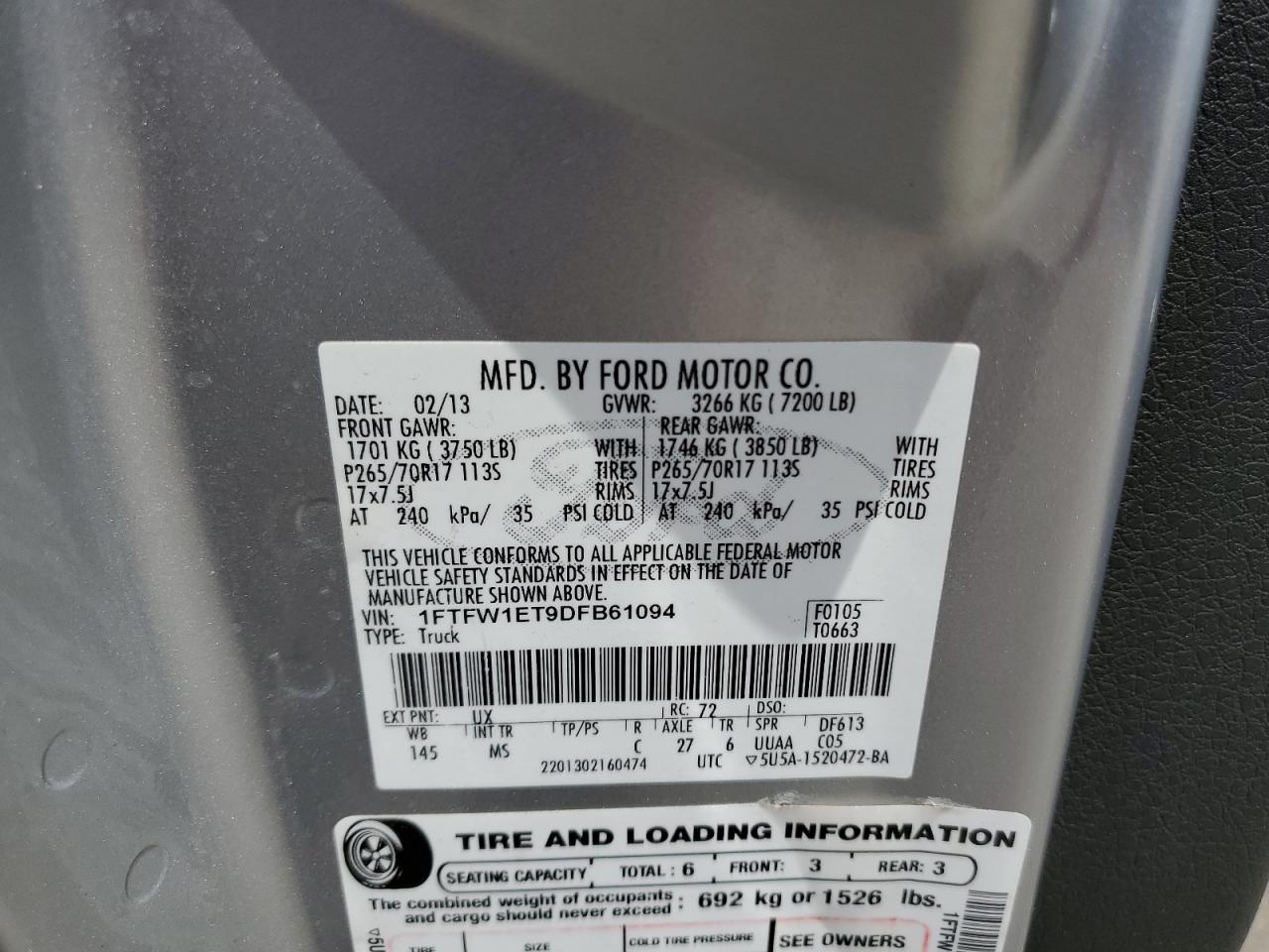 1FTFW1ET9DFB61094 2013 Ford F150 Supercrew