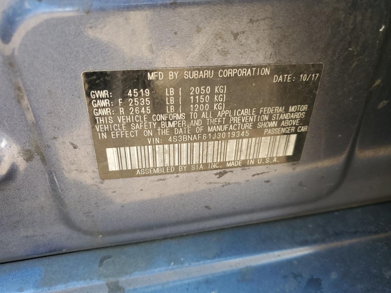 4S3BNAF61J3019345 2018 Subaru Legacy 2.5I Premium