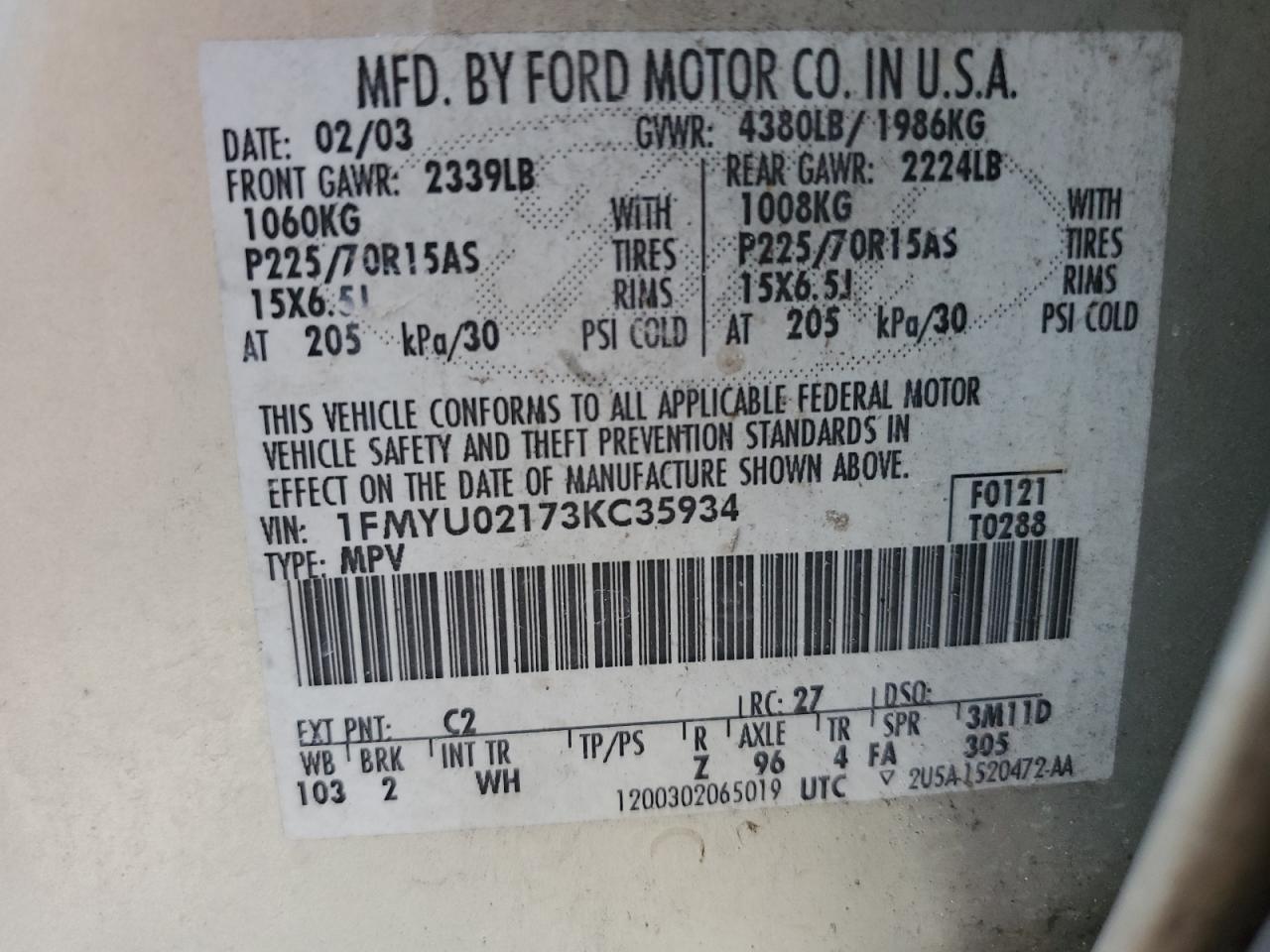 1FMYU02173KC35934 2003 Ford Escape Xls