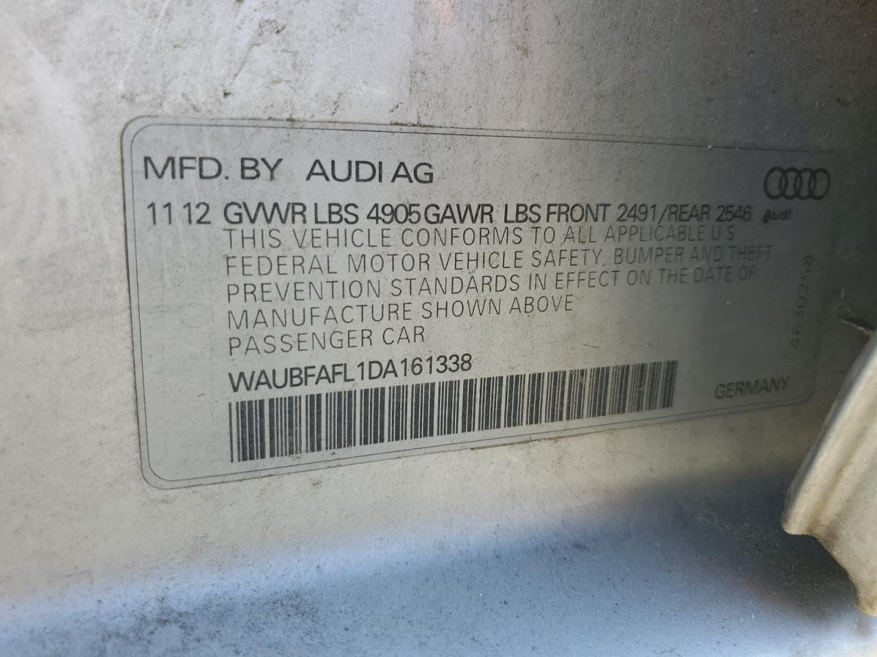 WAUBFAFL1DA161338 2013 Audi A4 Premium