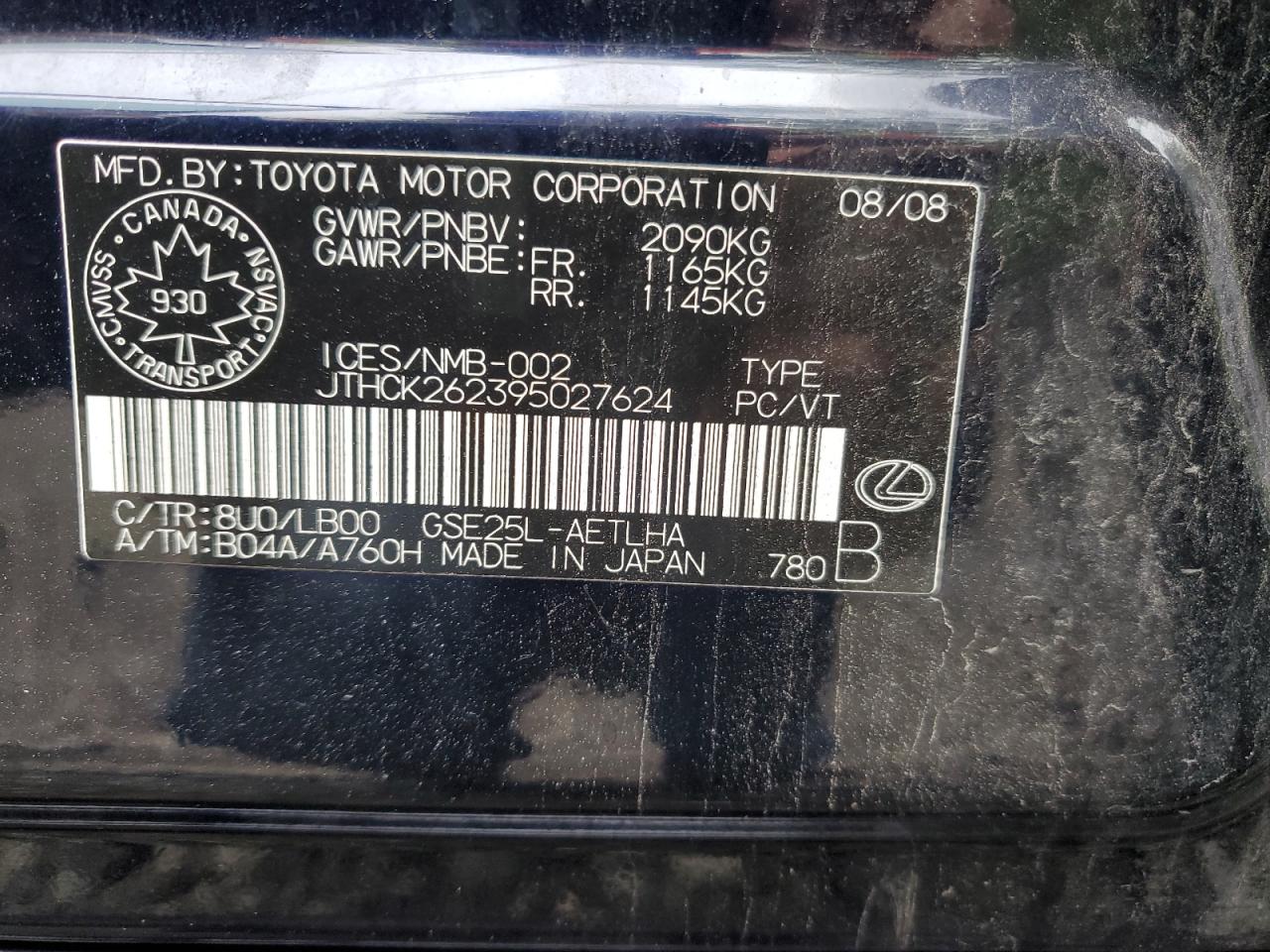 JTHCK262395027624 2009 Lexus Is 250